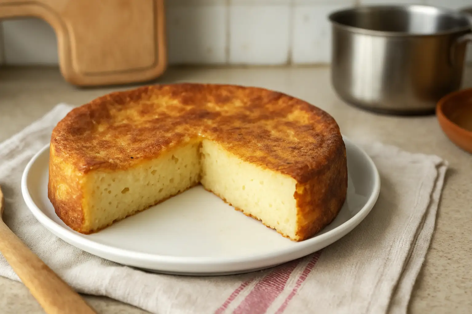 Photographie d’un gâteau de riz au lait maison doré au four, dans un plat en verre
