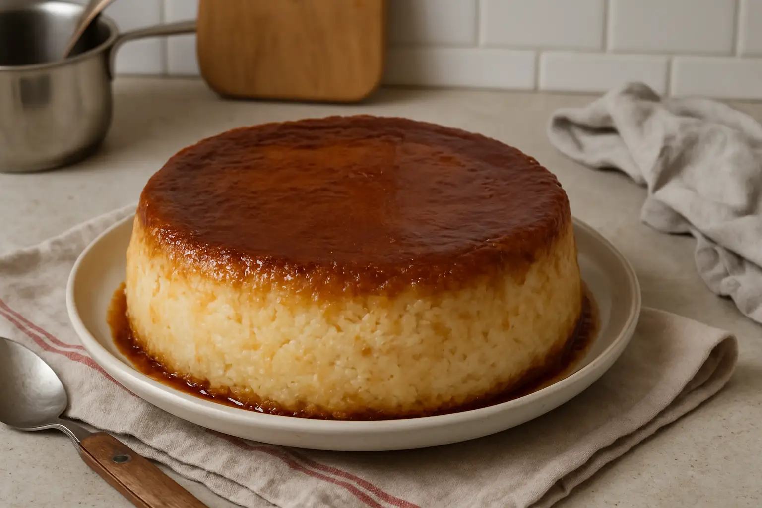 Gâteau de riz au caramel maison dans une cuisine familiale