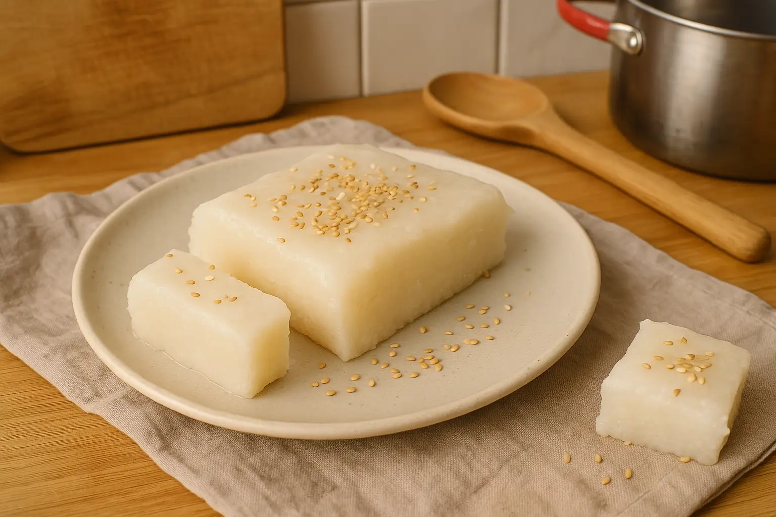 Gâteau de riz coréen (Tteok) maison, photographié dans une cuisine familiale avec des ustensiles en arrière-plan