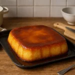 Photo d’un gâteau de semoule au caramel maison, moelleux et nappé de caramel doré, posé sur une table de cuisine avec ustensiles et lumière naturelle.