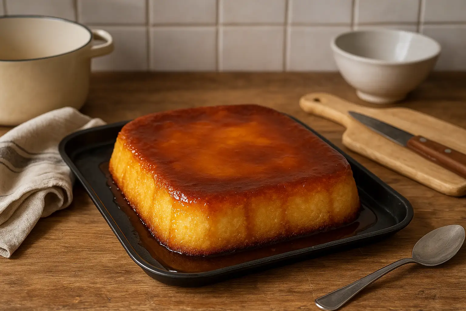 Photo d’un gâteau de semoule au caramel maison, moelleux et nappé de caramel doré, posé sur une table de cuisine avec ustensiles et lumière naturelle.