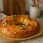 Photo d’un gâteau des rois provençal fait maison, une brioche dorée et moelleuse parfumée à la fleur d’oranger, décorée de fruits confits et sucre perlé, recette traditionnelle de l’Épiphanie.