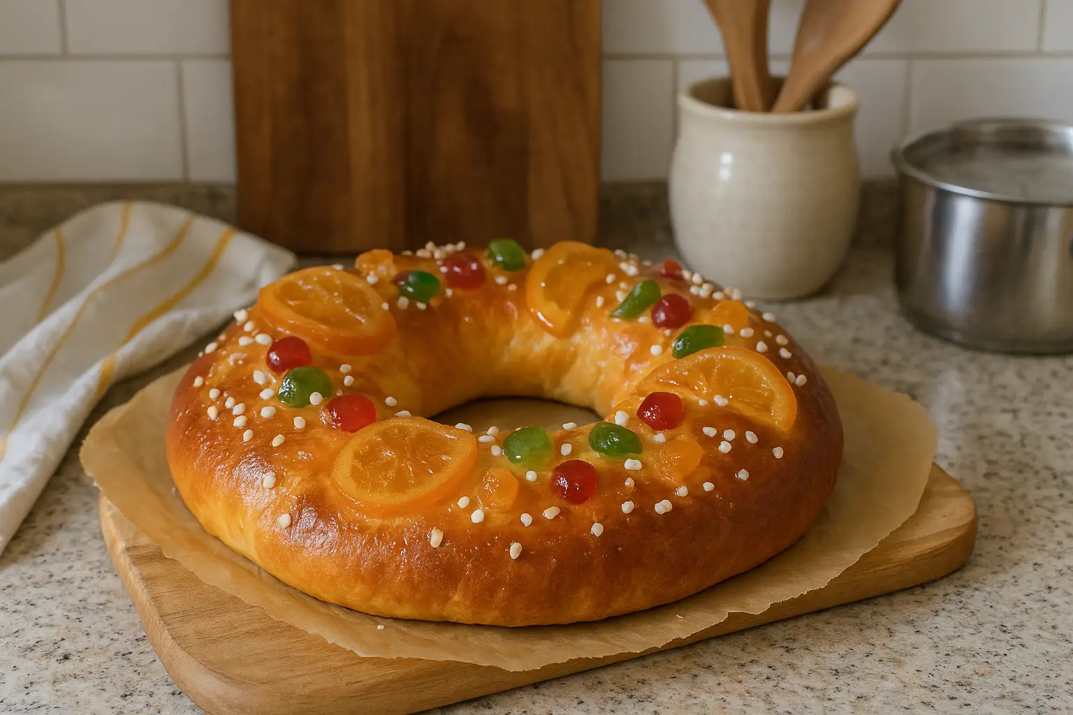 Photo d’un gâteau des rois provençal fait maison, une brioche dorée et moelleuse parfumée à la fleur d’oranger, décorée de fruits confits et sucre perlé, recette traditionnelle de l’Épiphanie.