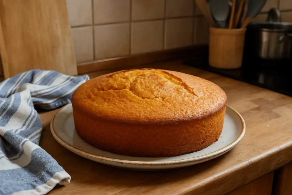 Photo d’un gâteau nature moelleux fait maison dans une cuisine familiale