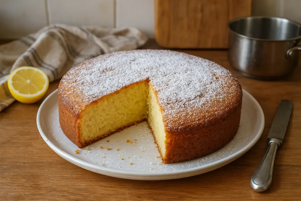 Photo d’un gâteau nuage au citron moelleux et aérien, saupoudré de sucre glace, parfait comme dessert léger et facile à préparer.