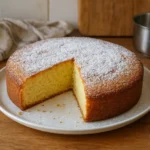 Photo d’un gâteau nuage au citron moelleux et aérien, saupoudré de sucre glace, parfait comme dessert léger et facile à préparer.