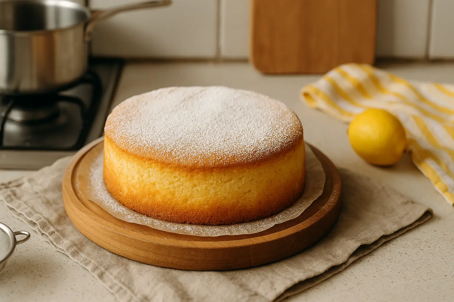 Photographie d’un gâteau nuage au citron fait maison, moelleux et aérien, posé sur un plan de travail de cuisine avec une ambiance naturelle et authentique.