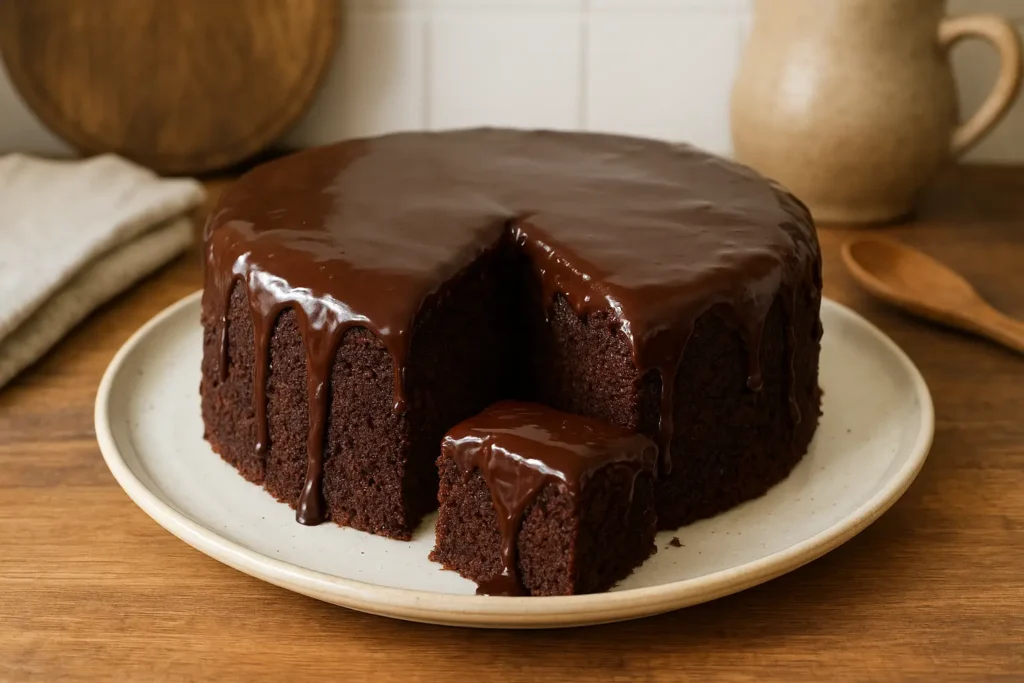 Photo d’un gâteau qui pleure, dessert au chocolat fondant et crémeux, nappé de ganache et préparé maison dans une cuisine familiale.