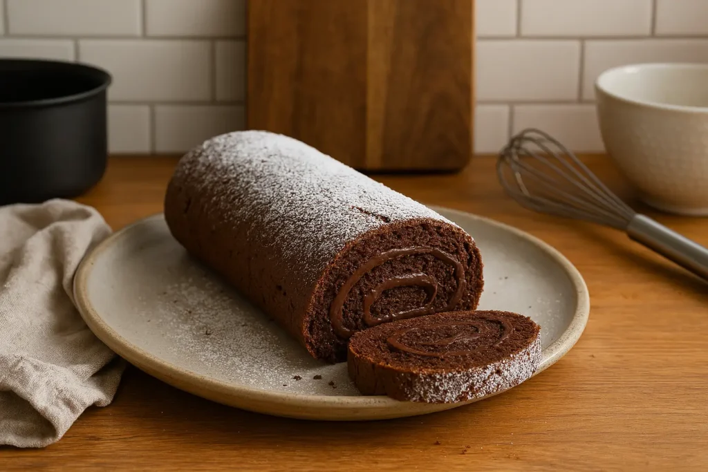 Photo d’un gâteau roulé au chocolat maison, génoise moelleuse garnie de ganache au chocolat et saupoudrée de sucre glace, recette facile et gourmande.