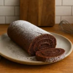Photo d’un gâteau roulé au chocolat maison, génoise moelleuse garnie de ganache au chocolat et saupoudrée de sucre glace, recette facile et gourmande.