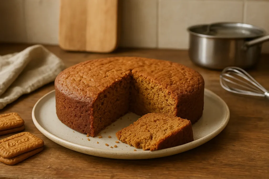 Photo d’un gâteau spéculoos maison moelleux et doré, préparé dans une cuisine familiale et servi pour un goûter gourmand.