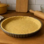 Photo d’une pâte brisée sans beurre maison dans un moule à tarte, prise dans une cuisine familiale avec lumière naturelle, prête à être garnie pour une tarte salée ou sucrée.