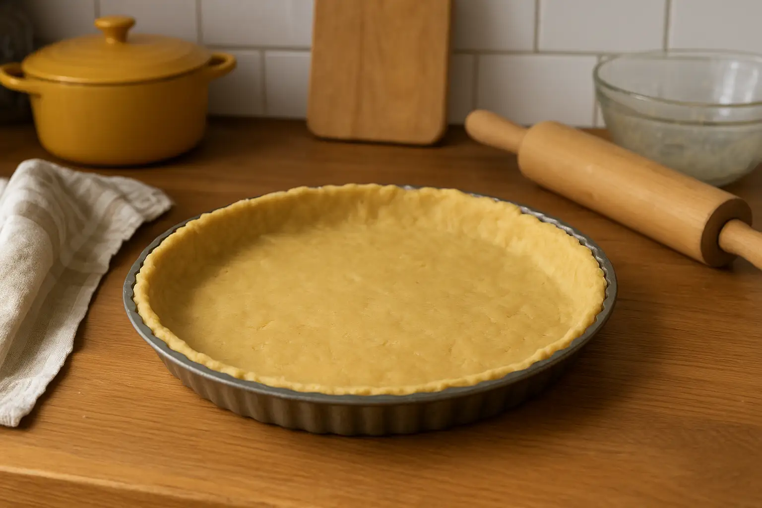 Photo d’une pâte brisée sans beurre maison dans un moule à tarte, prise dans une cuisine familiale avec lumière naturelle, prête à être garnie pour une tarte salée ou sucrée.