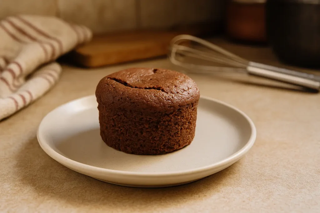 Photo d’un petit gâteau individuel facile, moelleux et fait maison, posé dans une cuisine chaleureuse avec ustensiles en arrière-plan, prêt à être dégusté.