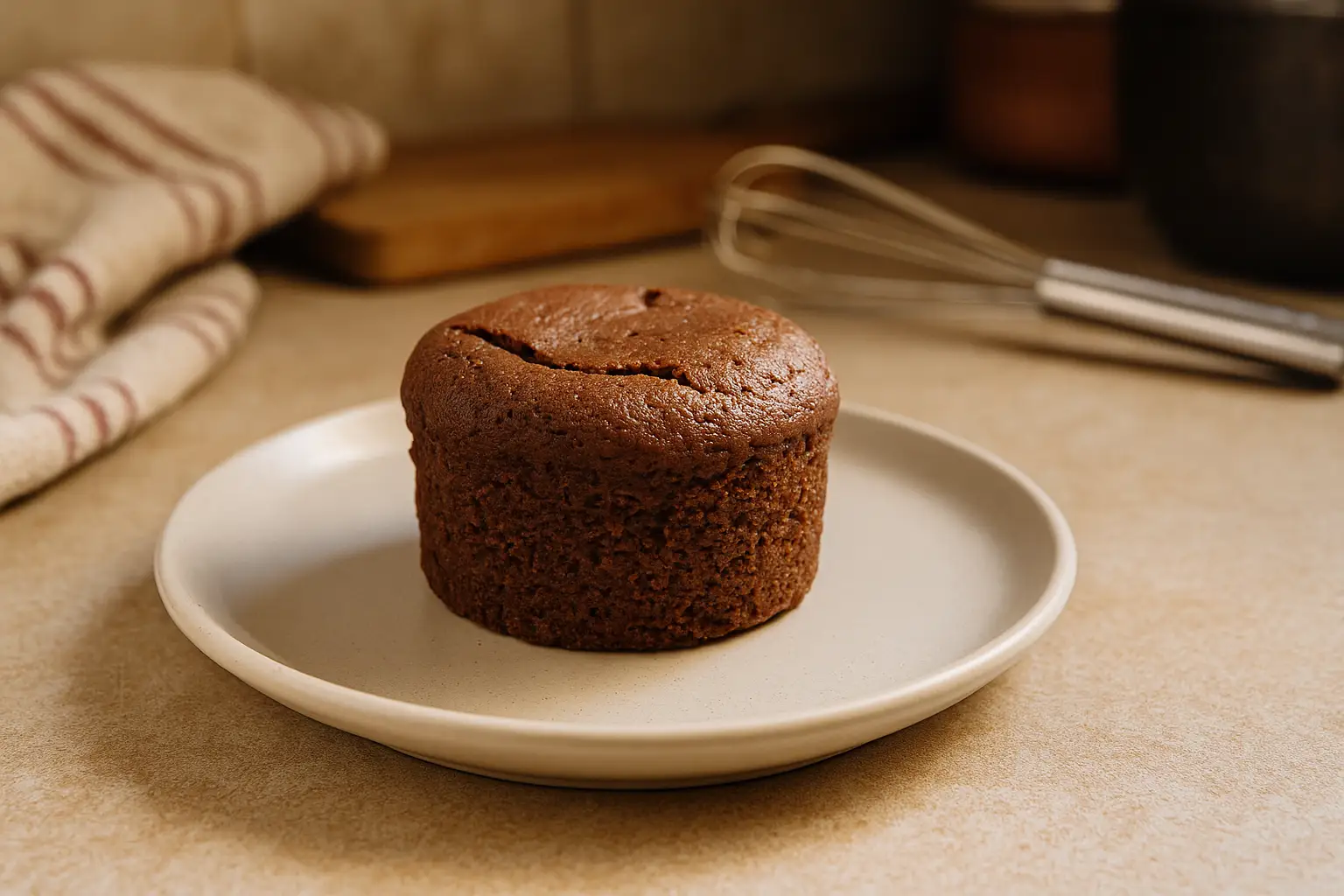 Photo d’un petit gâteau individuel facile, moelleux et fait maison, posé dans une cuisine chaleureuse avec ustensiles en arrière-plan, prêt à être dégusté.