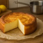 Photo d’un gâteau au fromage blanc et citron moelleux, fait maison, avec une texture légère et dorée, présenté dans une cuisine familiale.