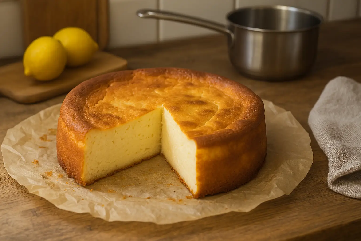 Photo d’un gâteau au fromage blanc et citron moelleux, fait maison, avec une texture légère et dorée, présenté dans une cuisine familiale.