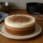 Photo d’un gâteau 3 chocolat maison composé de trois couches de mousse (noir, lait, blanc) sur base biscuitée croquante, préparé dans une cuisine familiale.