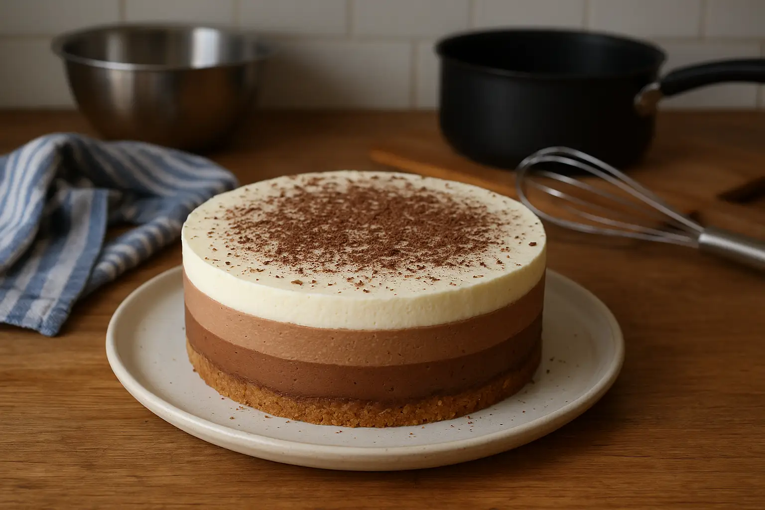Photo d’un gâteau 3 chocolat maison composé de trois couches de mousse (noir, lait, blanc) sur base biscuitée croquante, préparé dans une cuisine familiale.