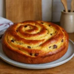 Photo d’un gâteau chinois moelleux maison, roulé et garni de crème pâtissière, doré au four, présenté dans une cuisine familiale.