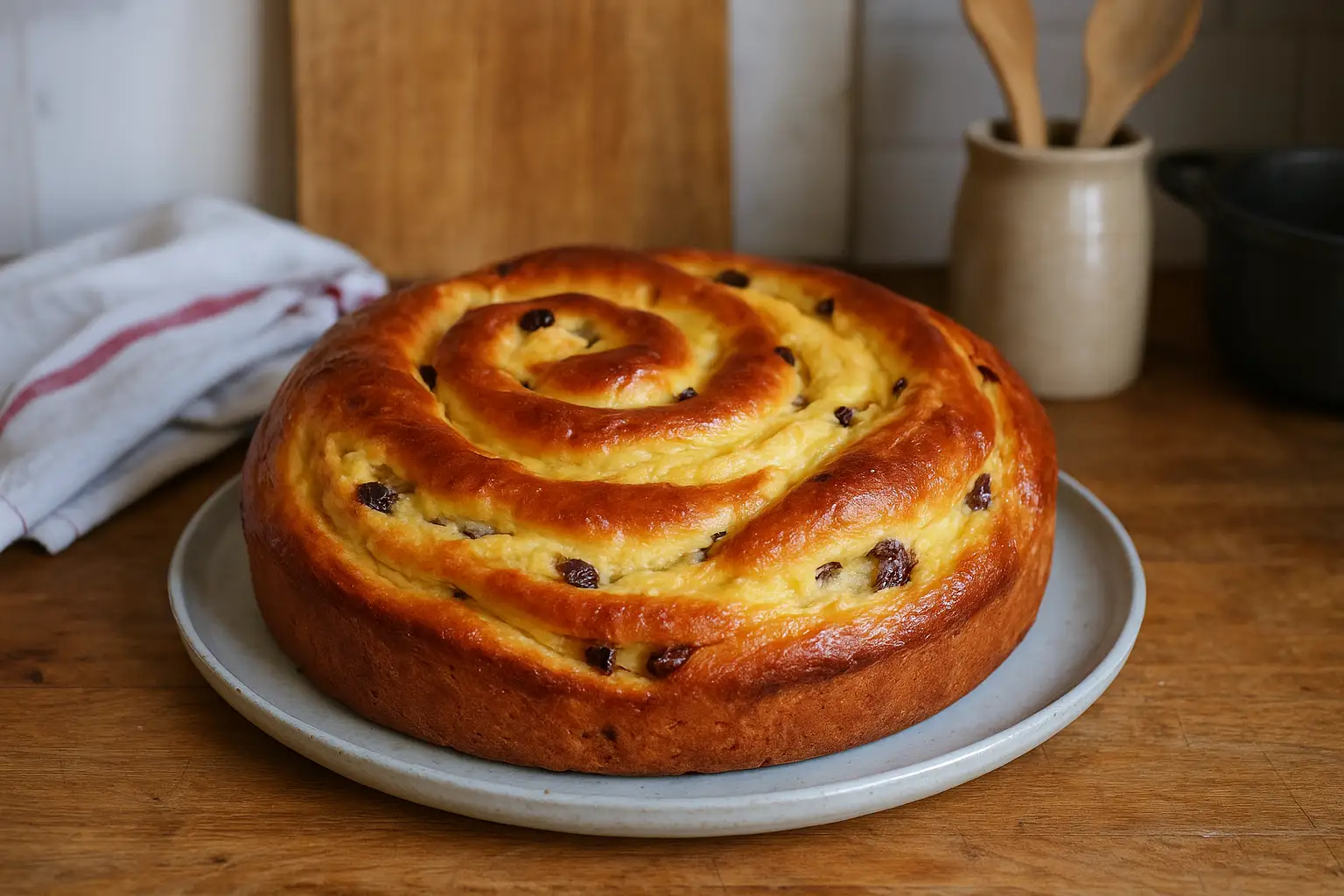 Photo d’un gâteau chinois moelleux maison, roulé et garni de crème pâtissière, doré au four, présenté dans une cuisine familiale.