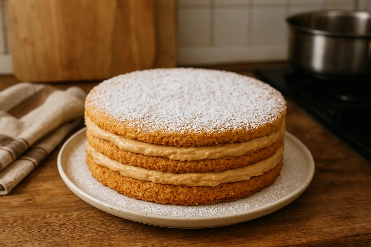 Gâteau russe maison avec biscuit aux amandes et crème pralinée, spécialité tarbaise