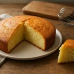 Photo d’un gâteau à la crème fraîche moelleux et doré, posé sur une assiette dans une cuisine familiale.
