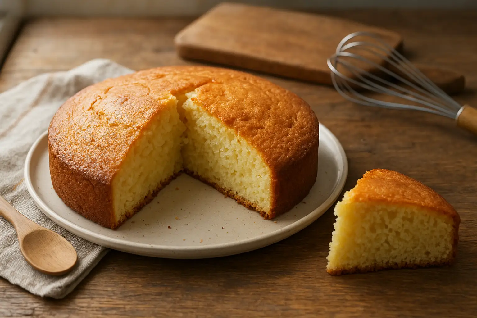 Photo d’un gâteau à la crème fraîche moelleux et doré, posé sur une assiette dans une cuisine familiale.