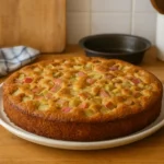 Photo d’un gâteau à la rhubarbe moelleux et fait maison, doré et fruité, préparé dans une cuisine familiale. Recette facile et gourmande.