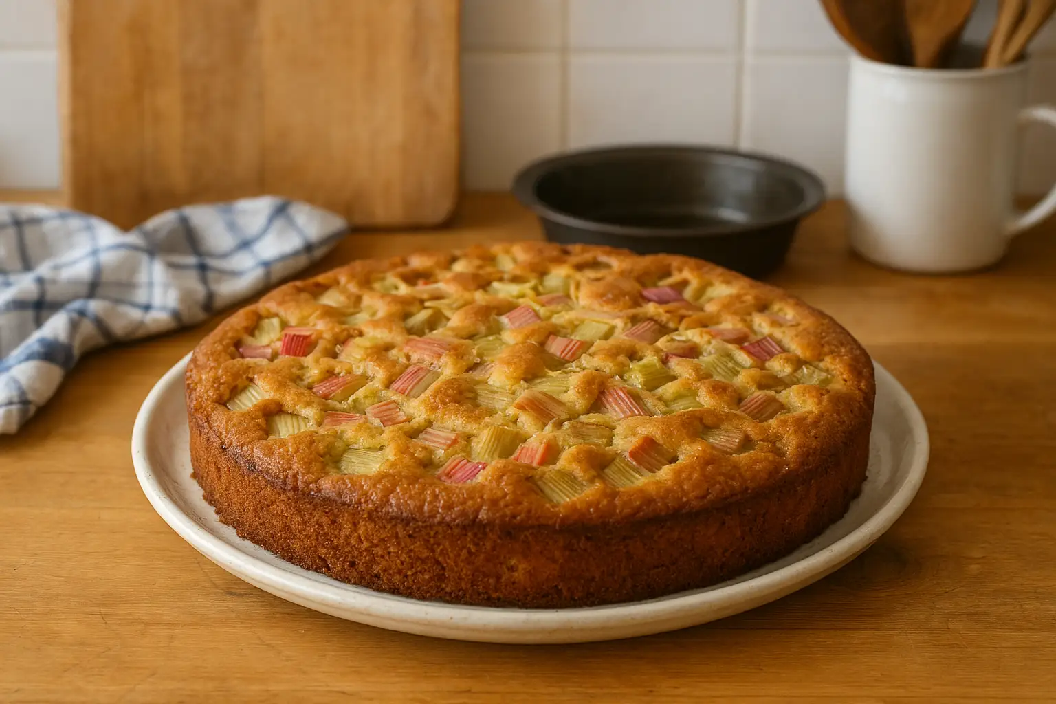Photo d’un gâteau à la rhubarbe moelleux et fait maison, doré et fruité, préparé dans une cuisine familiale. Recette facile et gourmande.