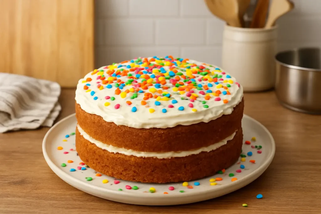 Gâteau anniversaire enfant facile et gourmand, décoré avec sprinkles colorés et glaçage festif.