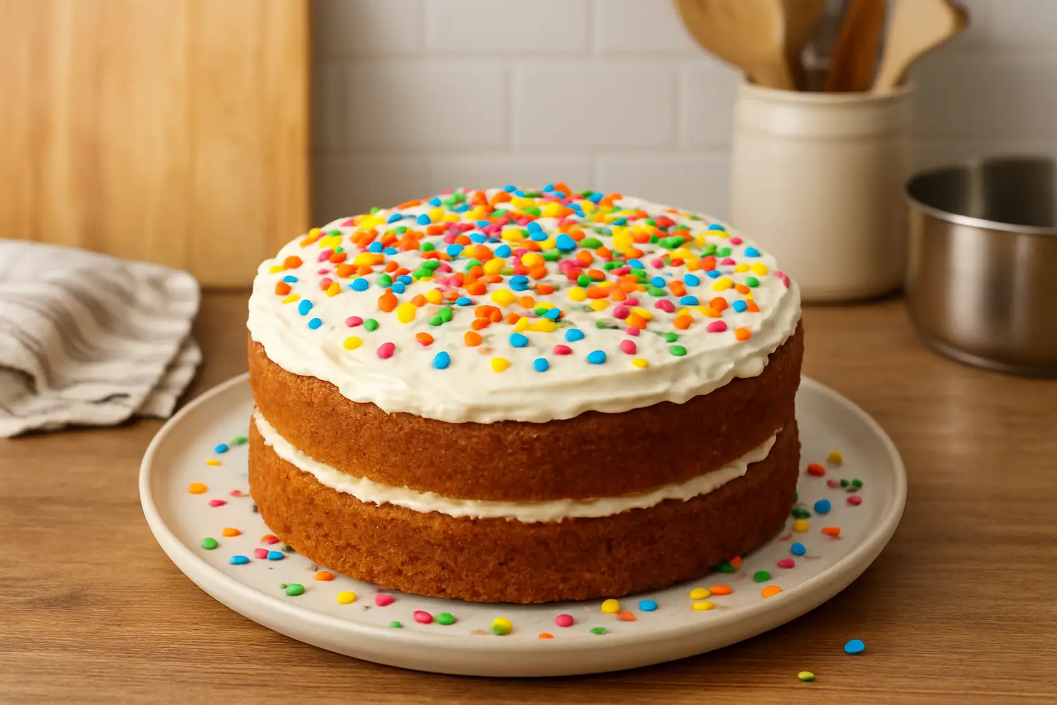 Gâteau anniversaire enfant facile et gourmand, décoré avec sprinkles colorés et glaçage festif.