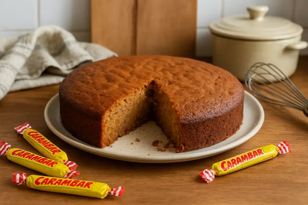 Photo d’un gâteau au Carambar caramel moelleux fait maison, doré et fondant, présenté dans une cuisine familiale avec une part coupée laissant voir sa texture gourmande.