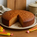 Photo d’un gâteau au Carambar caramel moelleux fait maison, doré et fondant, présenté dans une cuisine familiale avec une part coupée laissant voir sa texture gourmande.