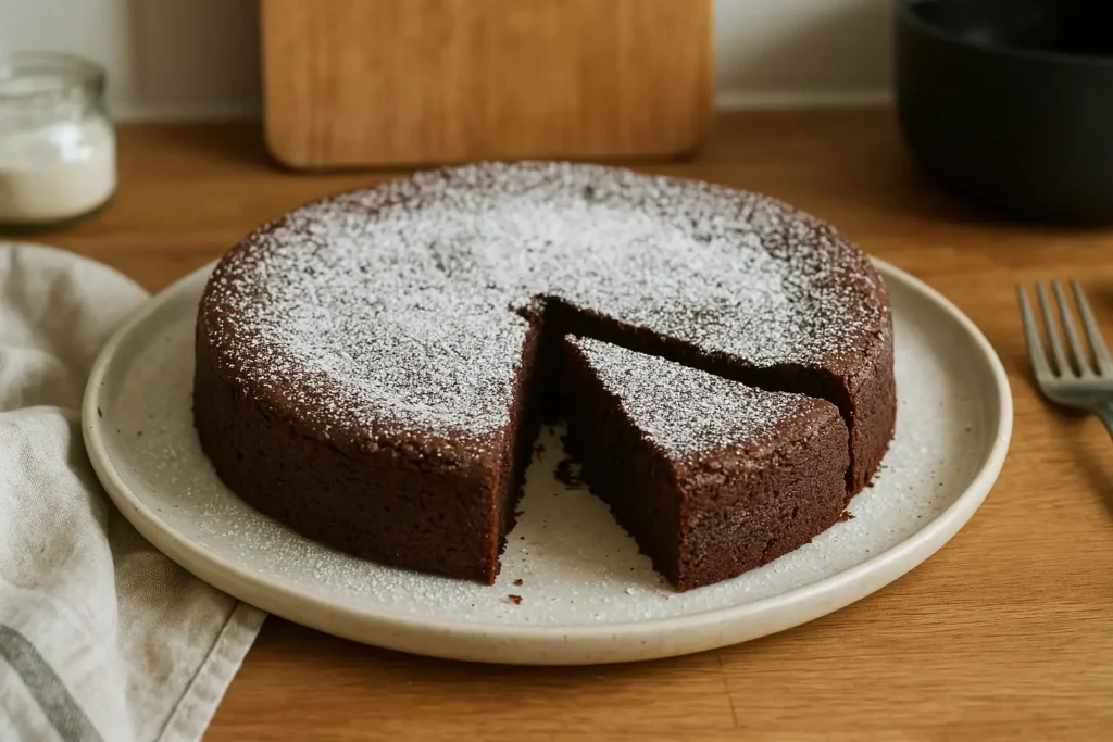 Photo d’un gâteau au chocolat sans farine, fait maison, fondant et moelleux, présenté dans une cuisine familiale avec une touche de sucre glace.