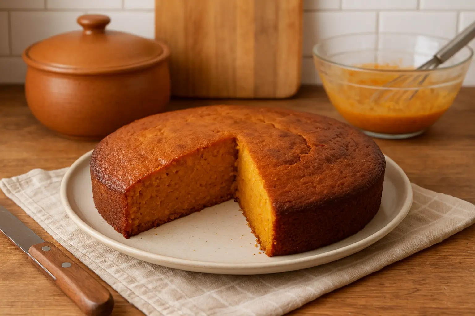 Photo d’un gâteau au potimarron maison, moelleux et légèrement doré, posé dans une cuisine familiale avec ambiance automnale.