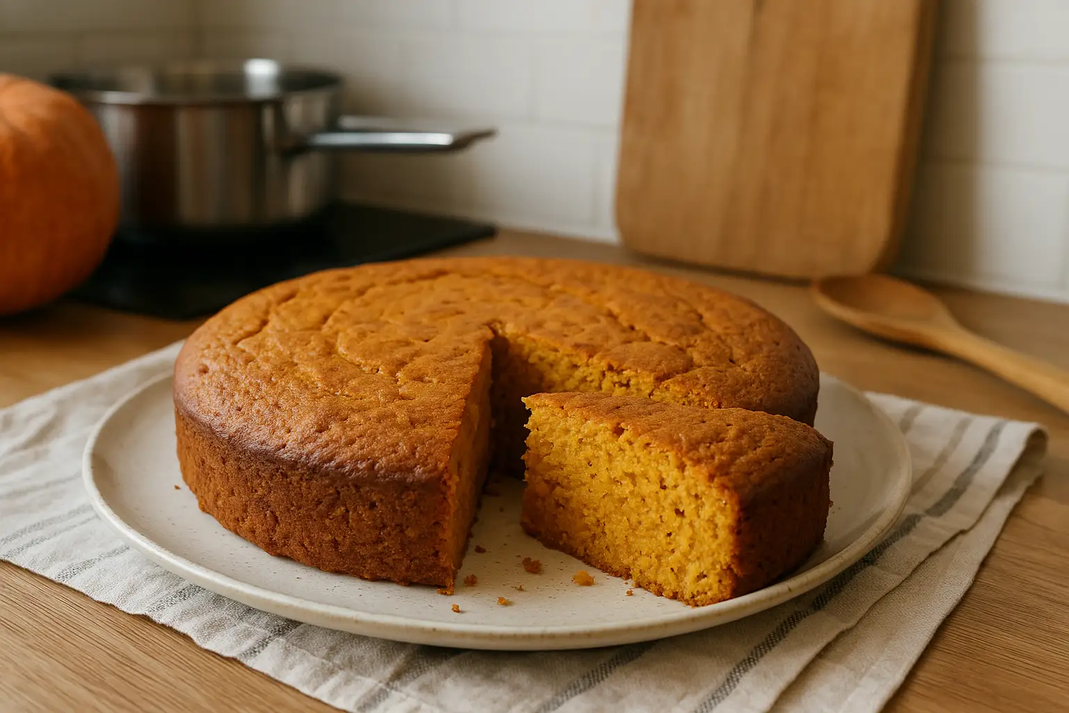 Photo d’un gâteau au potiron moelleux et fait maison, parfait pour l’automne et Halloween, avec une texture fondante et parfumée aux épices.