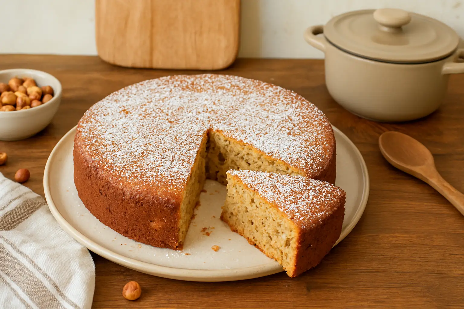 Photo d’un gâteau aux noisettes moelleux, fait maison, doré et saupoudré de sucre glace, présenté sur une table de cuisine avec des noisettes entières autour.