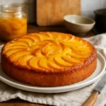 Photo d’un gâteau aux pêches au sirop moelleux et doré, préparé maison, parfait comme dessert fruité et facile à réaliser.