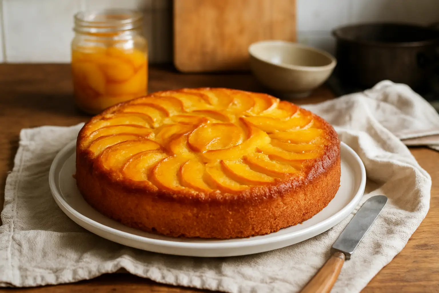 Photo d’un gâteau aux pêches au sirop moelleux et doré, préparé maison, parfait comme dessert fruité et facile à réaliser.
