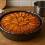 Photo d’un gâteau aux pommes caramélisé fait maison, moelleux et doré, nappé d’un caramel beurre salé avec des pommes fondantes.