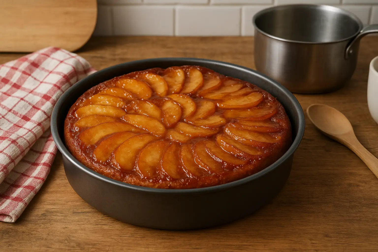 Photo d’un gâteau aux pommes caramélisé fait maison, moelleux et doré, nappé d’un caramel beurre salé avec des pommes fondantes.