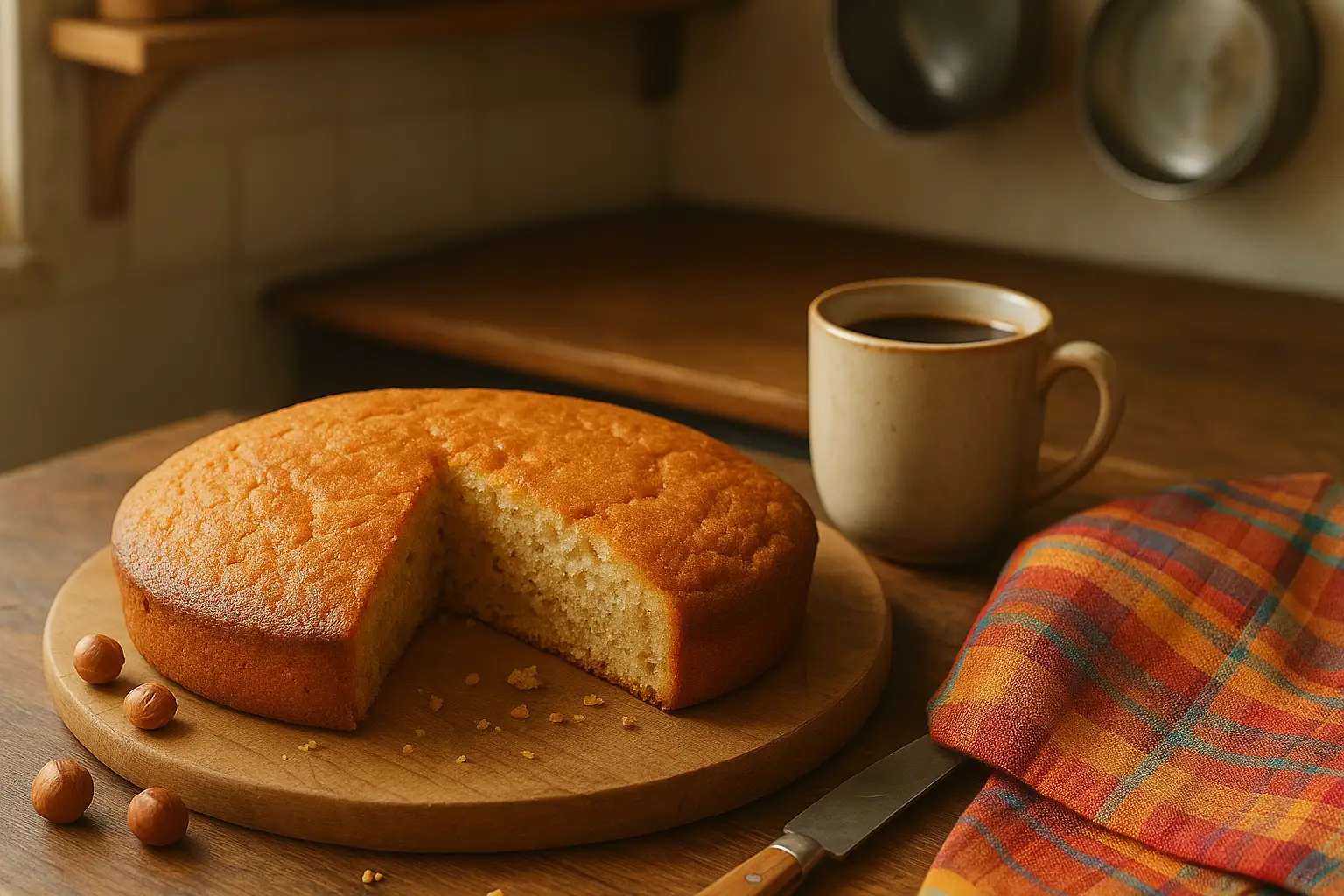 Photo réaliste d’un gâteau creusois aux noisettes fait maison, moelleux et doré, présenté dans une cuisine familiale.