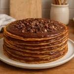Image d’un gâteau de crêpes au chocolat et Nutella, dessert maison gourmand et original, empilé de fines crêpes garnies de chocolat fondant et Nutella.