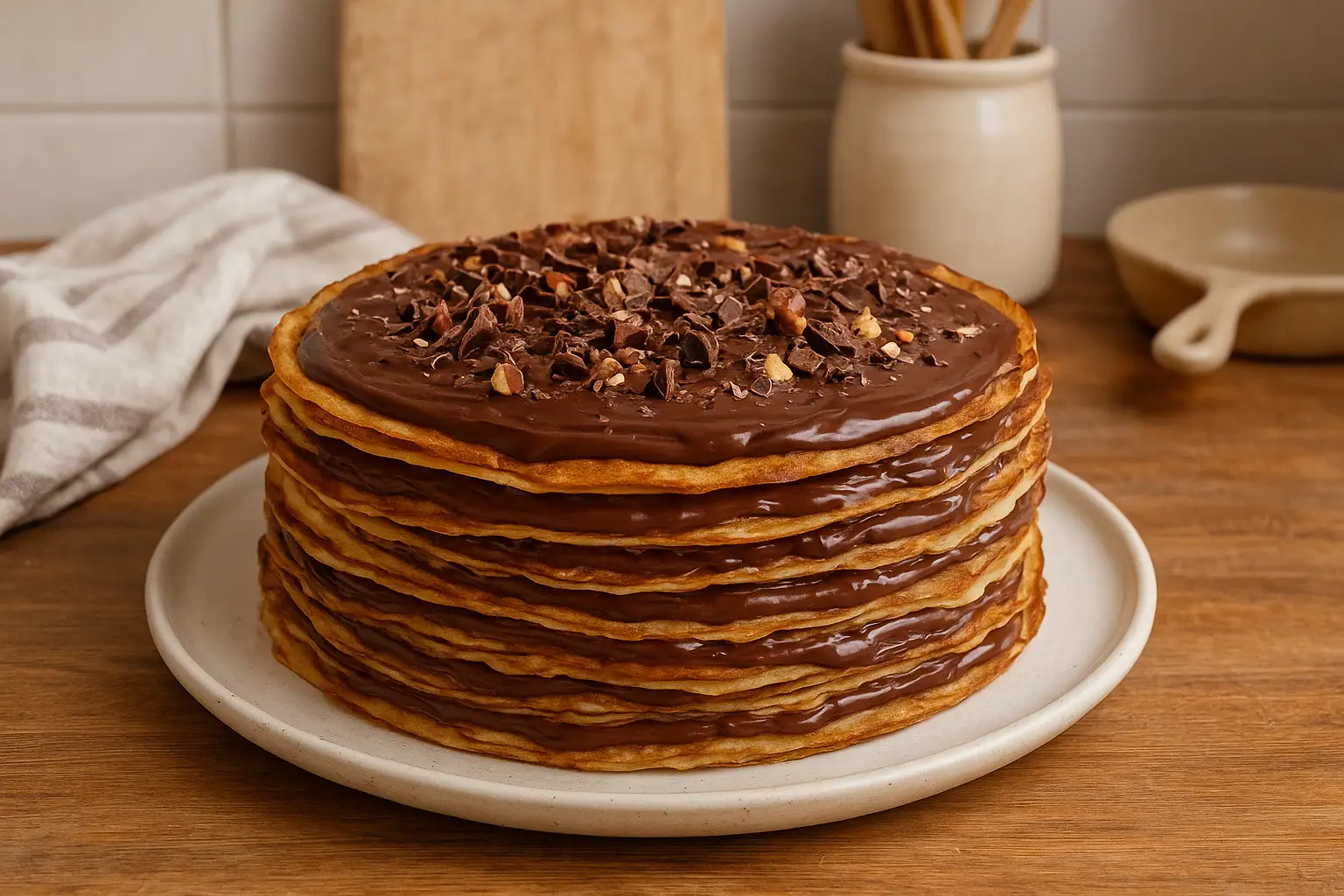 Image d’un gâteau de crêpes au chocolat et Nutella, dessert maison gourmand et original, empilé de fines crêpes garnies de chocolat fondant et Nutella.