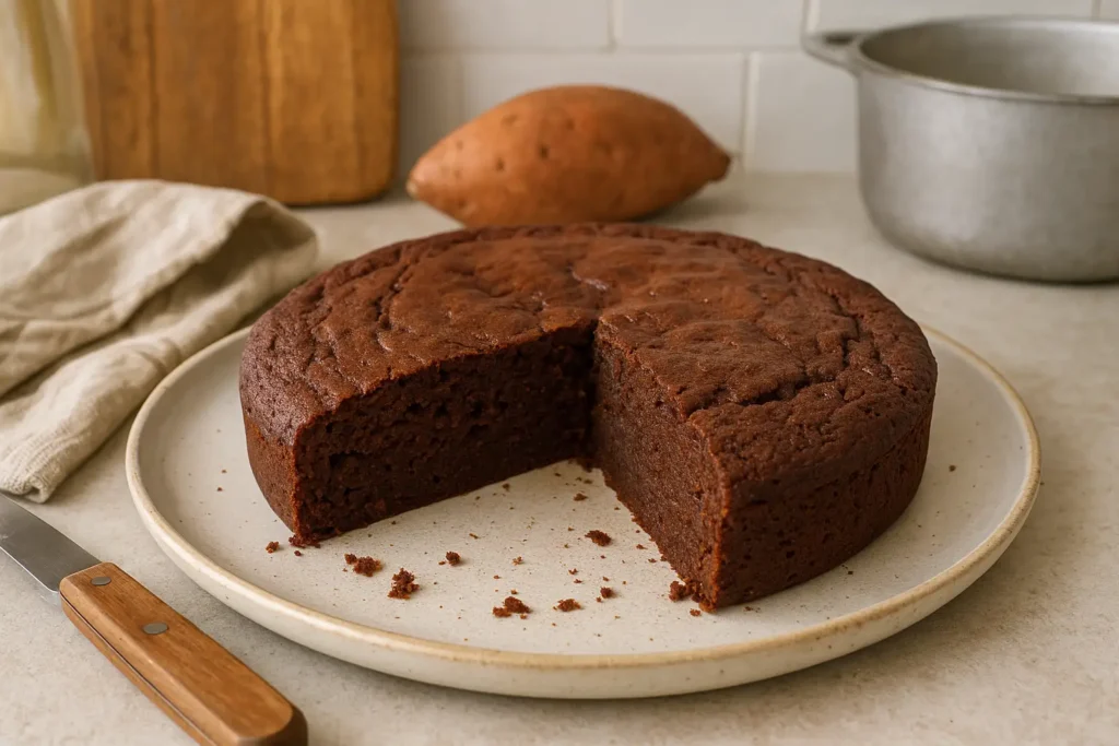 Photo d’un gâteau patate douce chocolat moelleux, fait maison, légèrement craquelé, avec une texture fondante et gourmande, prêt à être dégusté.