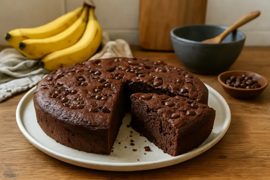 Photo d’un gâteau protéiné chocolat et banane fait maison, moelleux et healthy, parfait comme dessert équilibré ou collation riche en protéines.