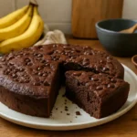 Photo d’un gâteau protéiné chocolat et banane fait maison, moelleux et healthy, parfait comme dessert équilibré ou collation riche en protéines.