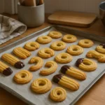 Photo de spritz gâteau alsacien de Noël faits maison, biscuits sablés traditionnels alsaciens dorés et croustillants, disposés sur une table de cuisine chaleureuse.