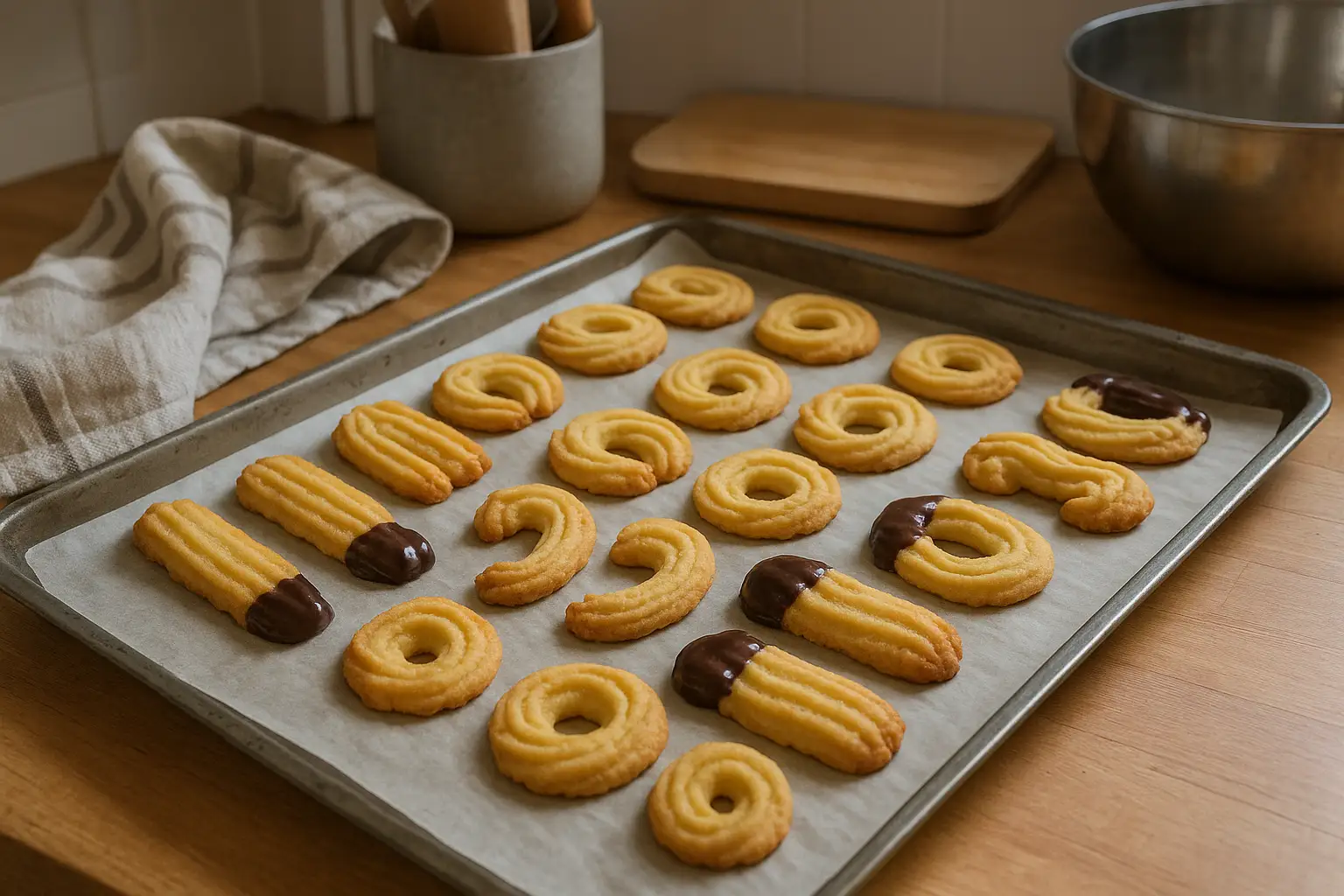Photo de spritz gâteau alsacien de Noël faits maison, biscuits sablés traditionnels alsaciens dorés et croustillants, disposés sur une table de cuisine chaleureuse.